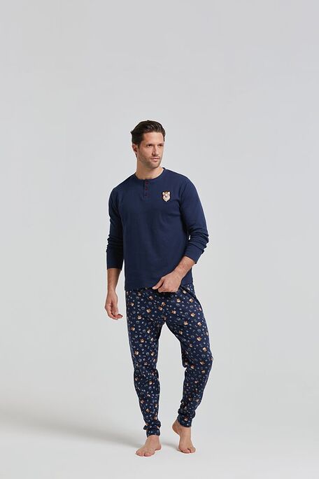 MAN COTTON PYJAMAS WITH SERAPH NECKLINE & PANTS WITH BACK POCKET DRAWSTRING WAIST AND FUNNY DOGS PRINT-ONTARIO