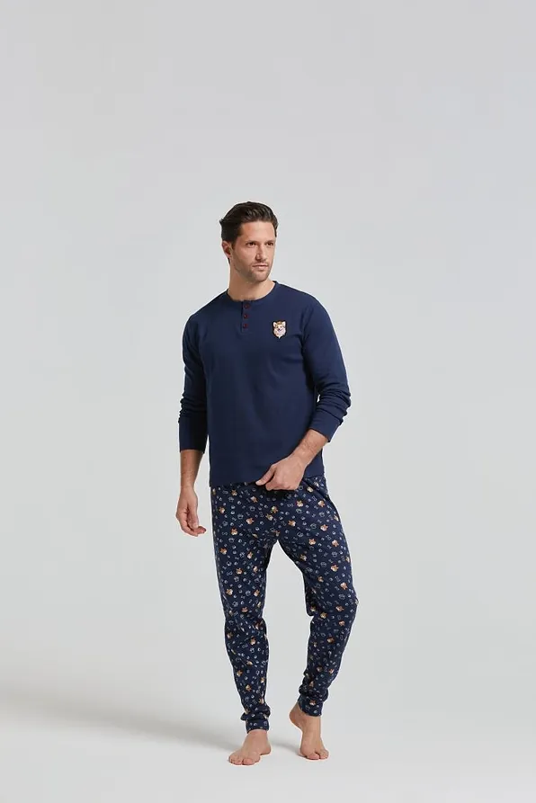 MAN COTTON PYJAMAS WITH SERAPH NECKLINE & PANTS WITH BACK POCKET DRAWSTRING WAIST AND FUNNY DOGS PRINT-ONTARIO