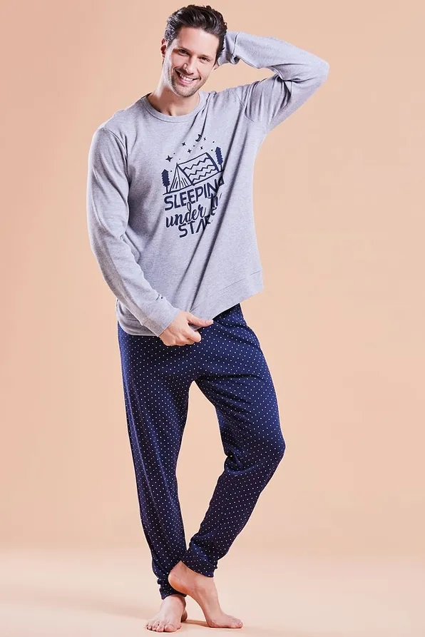 MAN INTERLOCK COTTON LONG PYJAMAS DOTS PANTS BACK POCKET DRAWSTRING WAIST & PRINTED SLEEPING UNDER STARS TOP-PROVENZA