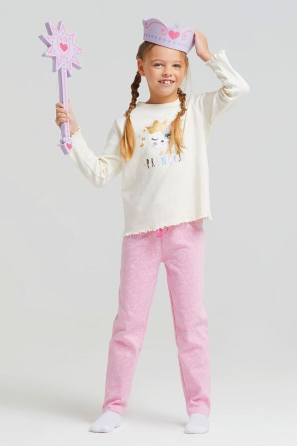 GIRL COTTON INTERLOCK PYJAMAS WITH GLITTER PRINT & CRAZY CAT PANTS WITH DRAWSTRING WAIST & BACK POCKET-COLUMBIA