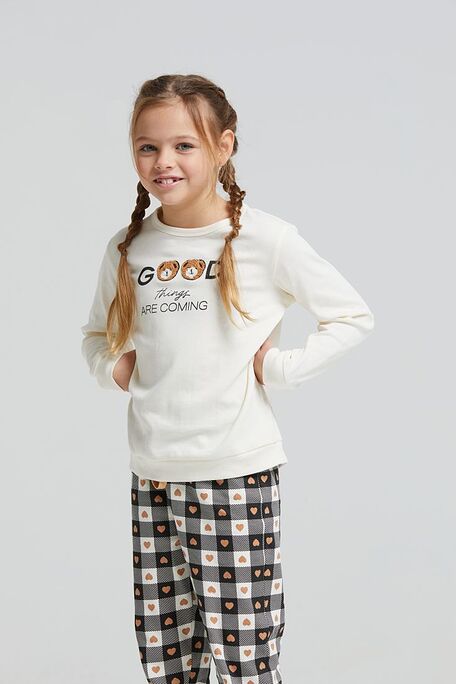 GIRL COTTON INTERLOCK PYJAMAS CHECKERED PANTS WITH BACK POCKET DRAWSTRING WAIST & TOP WITH TEDDY-BEAR PRINT-INGHILTERRA
