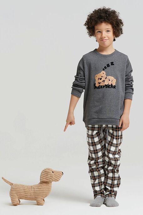 BOY COTTON INTERLOCK PYJAMAS CHECKERED PANTS WITH BACK POCKET DRAWSTRING WAIST & PRINTED SLEEPBEAR TOP-PJ IRLANDA