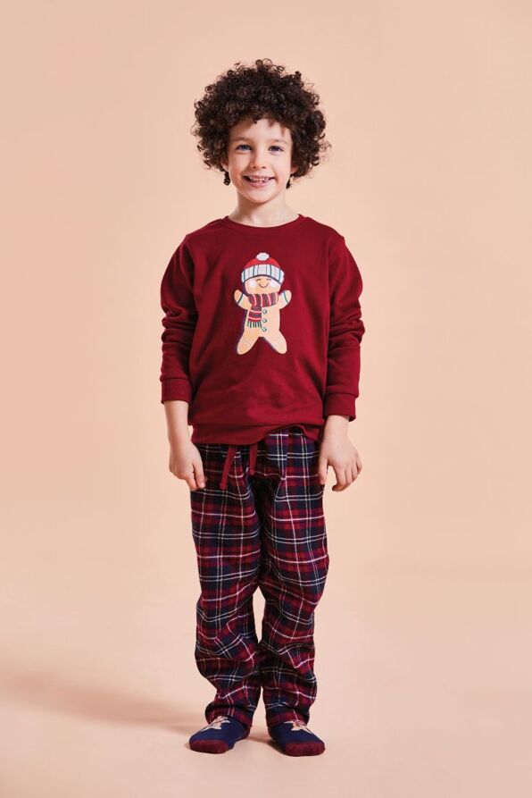 BOY COTTON INTERLOCK PYJAMAS WITH GINGERBREAD CHRISTMAS PRINT & CHECKERED PANTS OF COTTON FLANNEL-OLANDA