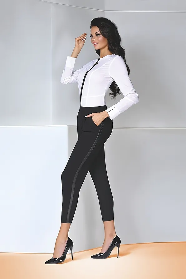 ANTONINA WOMAN ELASTIC CREPE CAPRI PANTS WITH STITCHING AND ECO LEATHER STRIPE AT SIDE