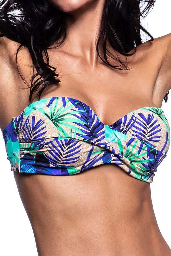 AEGEAN BLUE WOMAN BIKINI TOP STRAPLESS CUP D WIRED WITH TROPICAL PRINT REMOVABLE STRAPS AND SILICONE HOLD