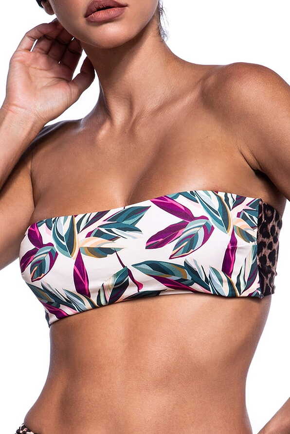 PLANT BASED WOMΑΝ BIKINI TOP STRAPLESS WITH FRONT LEAVES AND BACK ANIMAL PRINT REMOVABLE PADS AND STRAPS SILICONE HOLD