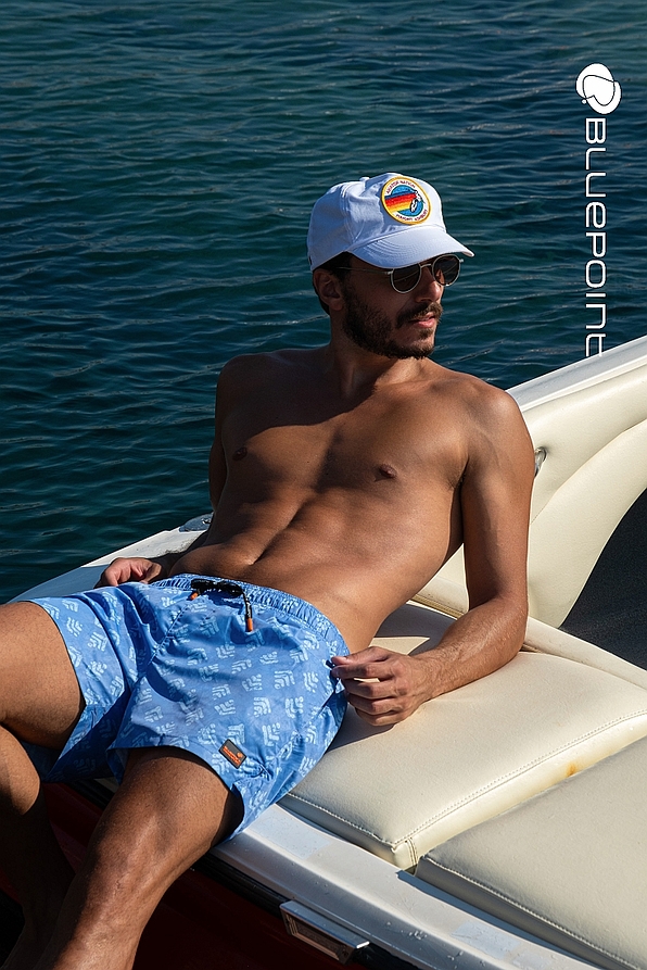 MAN SWIMWEAR SHORT BERMUDA HIGH IN THIGHS WITH GEOMETRIC PRINT POCKETS AND WAIST CORDS-OCEAN