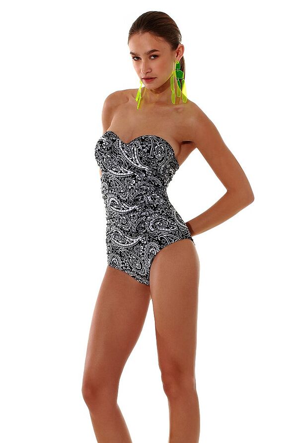 WOMAN ONEPIECE SWIMSUIT STRAPLESS CUP D WIRED MOLDED WITH B&W PAISLEY PRINT-HIPPIE CHIC