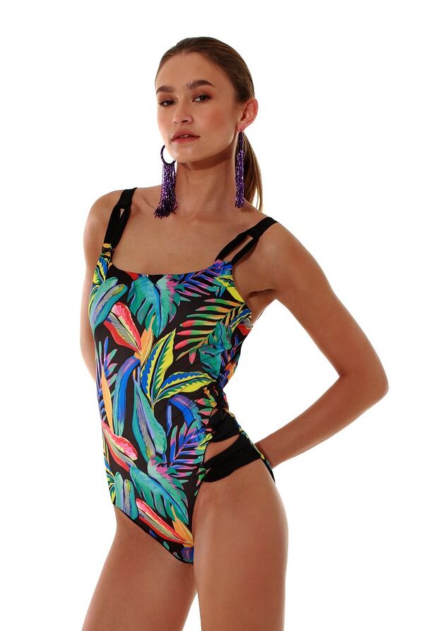 WOMAN ONEPIECE SWIMSUIT TROPICAL PRINT WITH SIDE OPENINGS CUP B-D OPEN BACK WITH CLASP TIE & REMOVABLE PADS-SUMMER FEVER