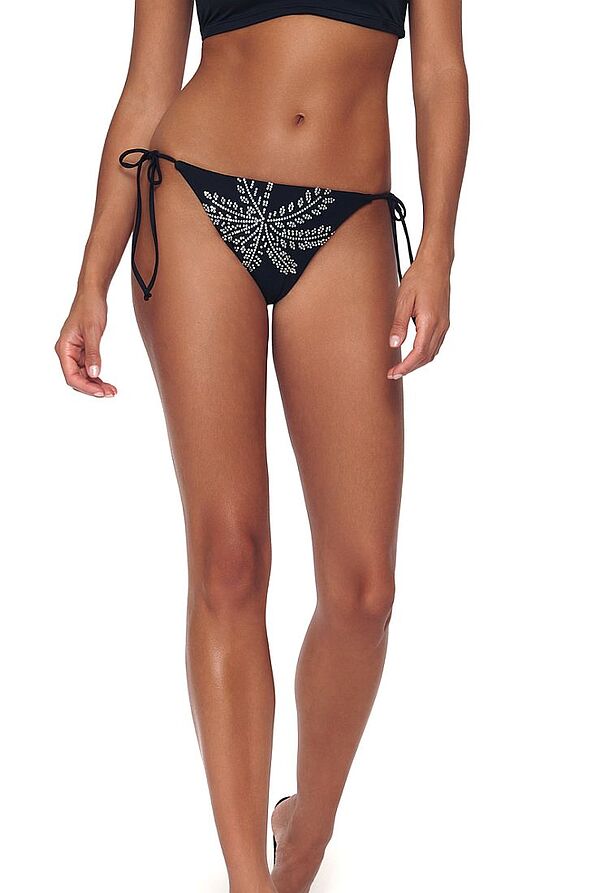 WOMAN BIKINI BOTTOM BRAZIL WITH CORD TIE-SIDE AND PARTIAL BACK COVERAGE-BLACK AND WHITE ADDICTION