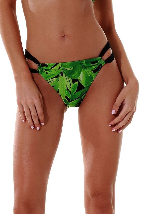 WOMAN BIKINI BOTTOM WITH SIDE OPENINGS MODERATE BACK COVERAGE AND TROPICAL PRINT-GREEN PARTY