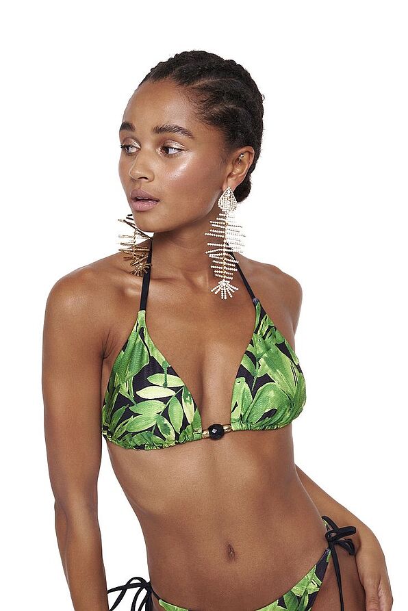 WOMAN BIKINI TOP TRIANGLE CUP B-C WIRELESS WITH CORDS TROPICAL PRINT AND REMOVABLE PADS-GREEN PARTY