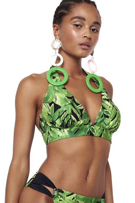 WOMAN BIKINI TOP TRIANGLE CUP D WIRELESS WITH TROPICAL PRINT AND REMOVABLE PADS-GREEN PARTY