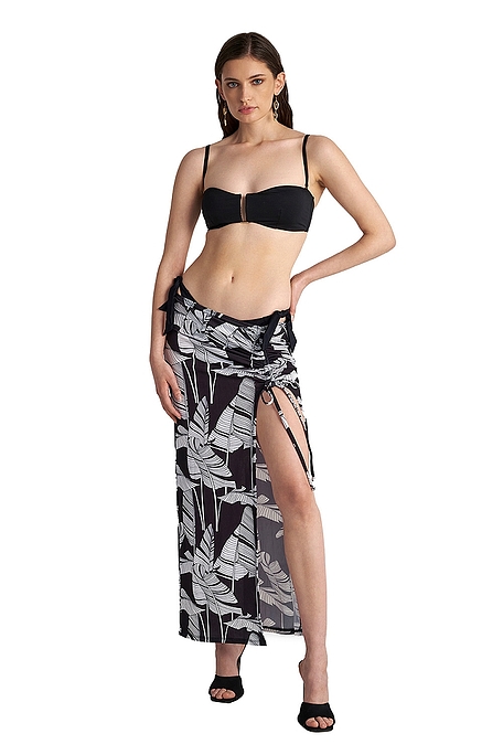 WOMAN LONG DRAWSTRING SKIRT PAREO WITH TROPICAL B/W PRINT & SIDE OPENING-BLACK LEAVES