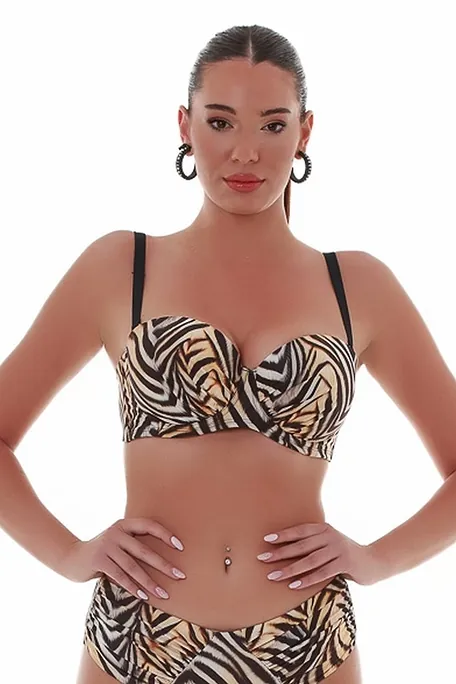 WOMAN BIKINI TOP STRAPLESS CUP E WITH SILICONE SUPPORT & ANIMAL ZEBRA PRINT-SPIRIT ANIMAL