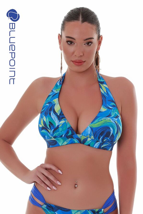 WOMAN BIKINI TOP TRIANGLE CUP D WIRELESS WITH REMOVABLE PADS & FLORAL PRINT-BLUE LAGOON