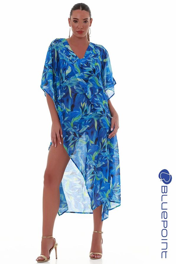 WOMAN SHORT KAFTAN SEMITRANSPARENT FLORAL PRINT-BLUE LAGOON
