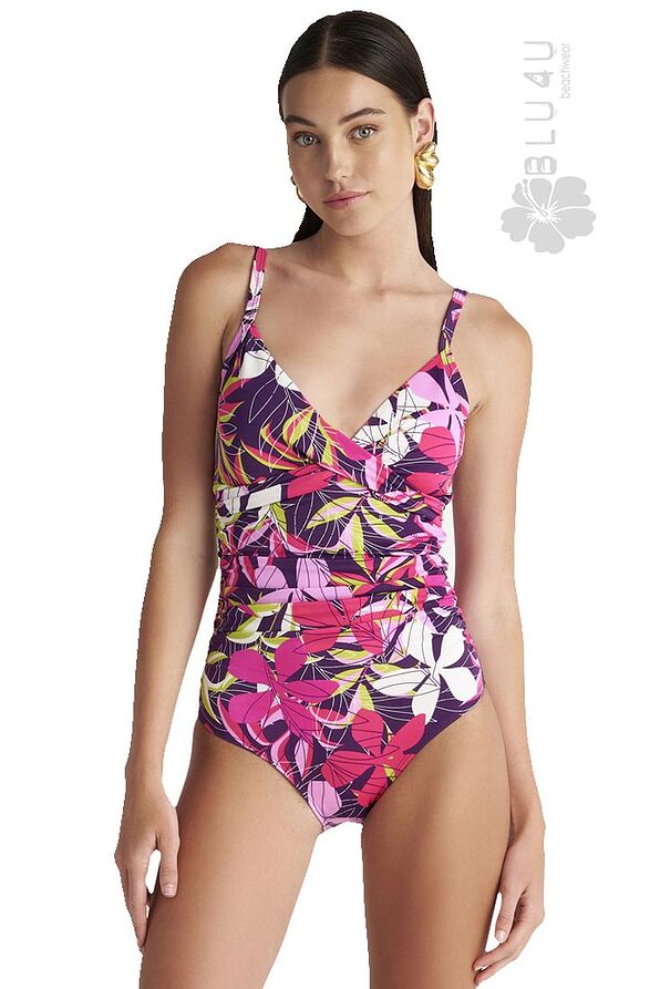 WOMAN ONEPIECE SWIMSUIT PADDED WIRED WITH HIGH BACK & FLORAL PRINT-PURPLE HIBISCUS