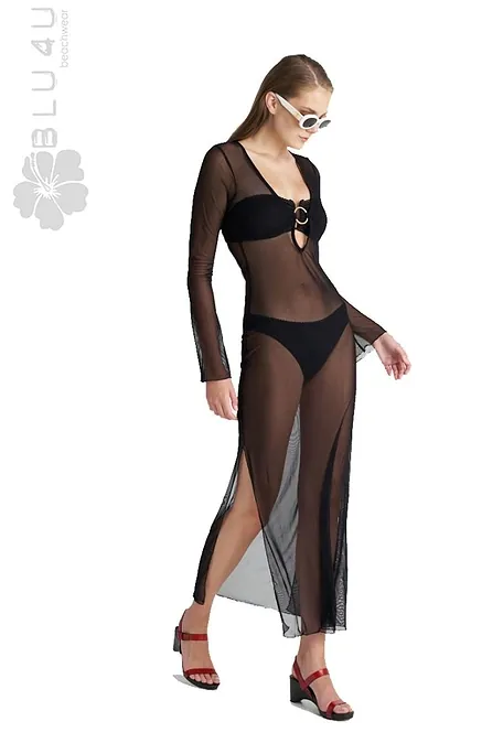 ΓΥΝΑΙΚΕΙΟ ΜΑΚΡΥ ΜΟΝΟΧΡΩΜΟ ΔΙΑΦΑΝΟ ΚΑΦΤΑΝΙ ΜΕ ΚΡΙΚΟ ΜΠΡΟΣΤΑ & ΣΚΙΣΙΜΟ ΣΤΟ ΠΛΑΪ-FASHION SOLIDS