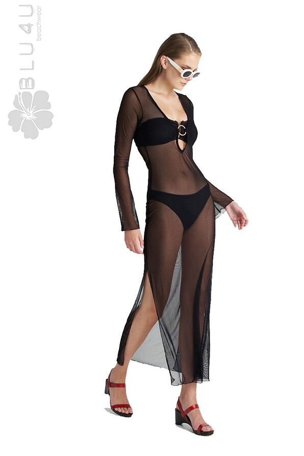 WOMAN LONG MESH PLAIN TUNIC WITH FRONT RING AND SIDE SPLIT-FASHION SOLIDS