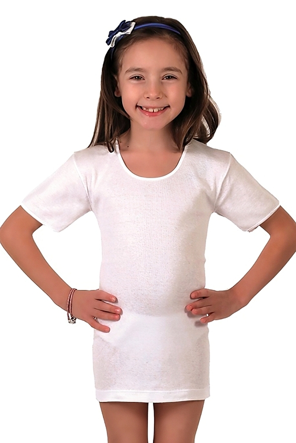 GIRL COTTON T-SHIRT WITH SATIN ROUND THE NECK