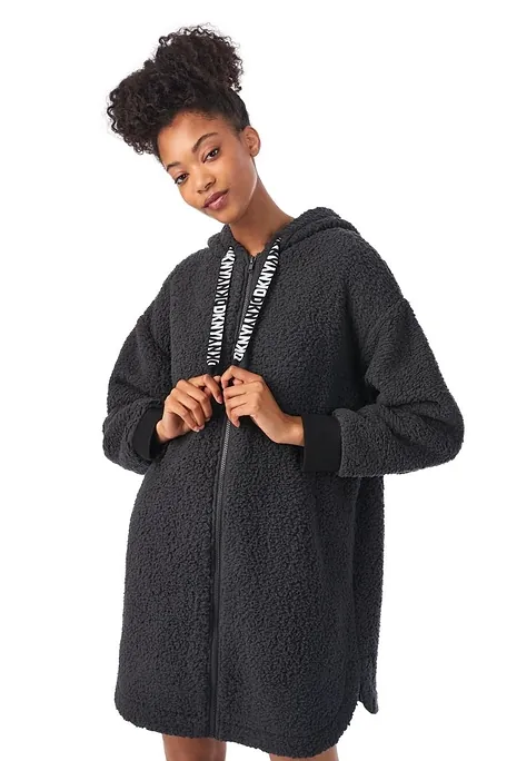 DKNY ΓΥΝΑΙΚΕΙΟ JACKET FLEECE ΜΕ ΦΕΡΜΟΥΑΡ ΚΟΥΚΟΥΛΑ ΚΑΙ ΤΣΕΠΕΣ