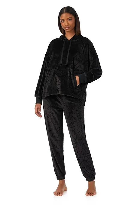 DKNY WOMAN VELOUR TRACKSUIT WITH HOODED TOP & SIDE BUTTONS – DRAWSTRING WAIST PANTS WITH CUFFED HEMS-URBAN LUXE