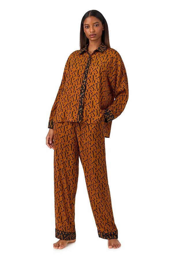 DKNY WOMAN LONG SATIN PYJAMAS ALL-BUTTONS WITH ABSTRACT PATTERN & POCKETS-EDGY & ELEGANT