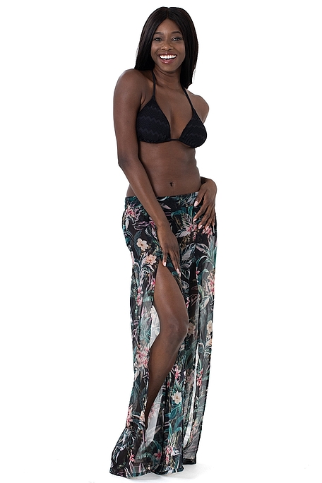 KINABALU PANTS WOMAN FULL LENGTH PANTS IN CHIFFON WITH WIDE ELASTIC WAISTBAND AND WIDE FLOATY LEGS WITH SPLITS EXOTIC FLORAL PRINT