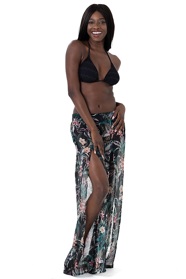 KINABALU PANTS WOMAN FULL LENGTH PANTS IN CHIFFON WITH WIDE ELASTIC WAISTBAND AND WIDE FLOATY LEGS WITH SPLITS EXOTIC FLORAL PRINT