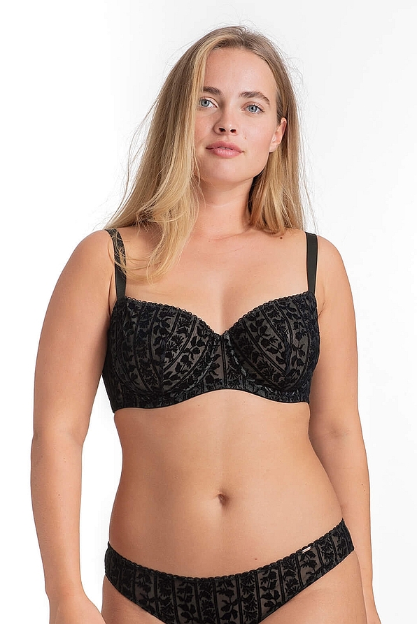 VINE BALCONY BRA CURVES FLOCKED FLOREAL PATTERN UNPADDED WIRED