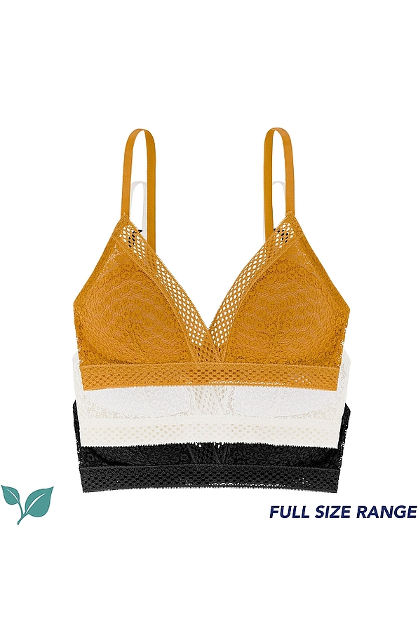 WILD-3PP BRALETTE 3-PACK WOMAN LIGHT PADDED BRALETTE ECO LINE 3/4 CUP WIRELESS WITH REMOVABLE PADS AND ALLOVER LACE WITH TRIM