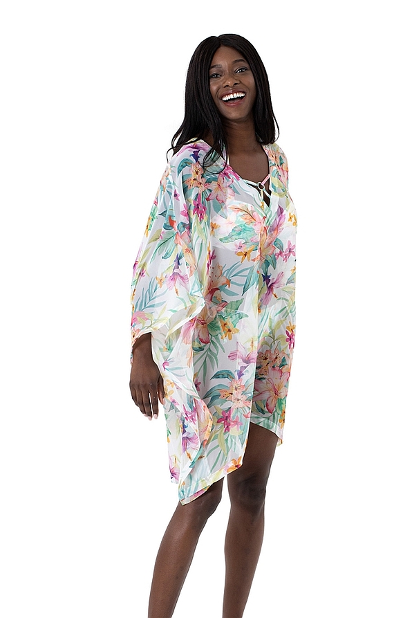 KORO ISLAND COVER_UP ΓΥΝΑΙΚΕΙΟ ΚΑΦΤΑΝΙ ΜΑΝΙΚΙ ΝΥΧΤΕΡΙΔΑ ΒΑΘΥ V ΝΤΕΚΟΛΤΕ ΜΕ ΚΟΡΔΟΝΙ ΚΑΙ ΤΡΟΠΙΚΟ FLORAL ΤΥΠΩΜΑ ΣΕ ΔΙΑΦΑΝΟ ΛΕΥΚΟ ΣΙΦΟΝ