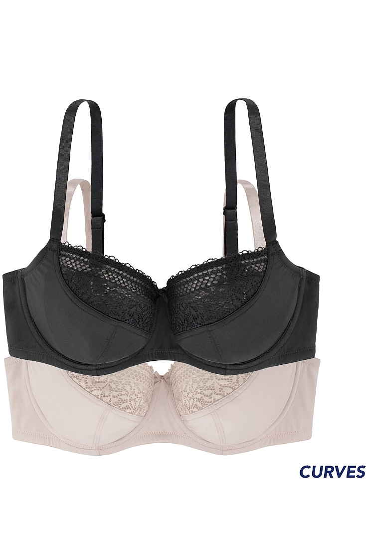UNLINED_BRA-2PP 2-PACK BLACK-BEIGE WOMAN PLUNGE NON PADDED 3/4 CUP WIRED BRA WITH FLORAL LACE
