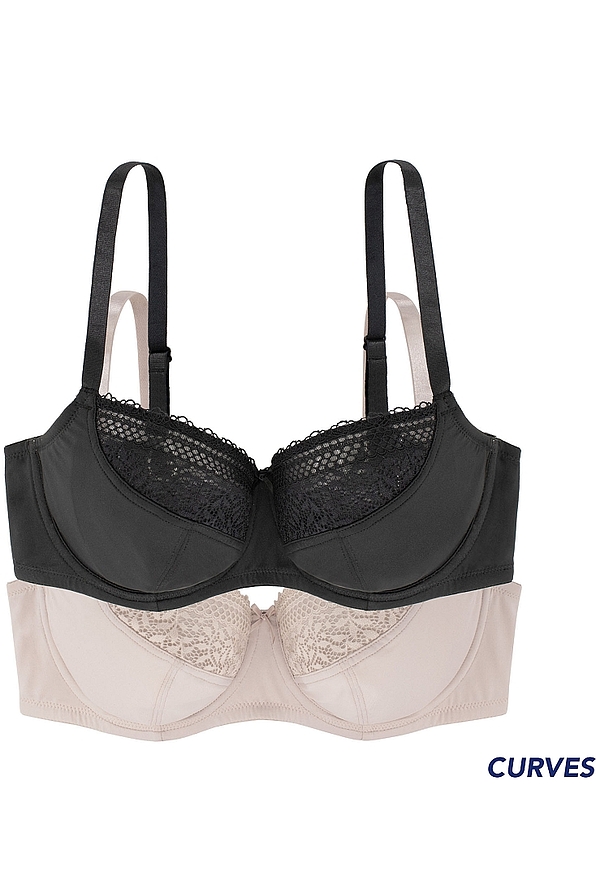 UNLINED_BRA-2PP 2-PACK BLACK-BEIGE WOMAN PLUNGE NON PADDED 3/4 CUP WIRED BRA WITH FLORAL LACE