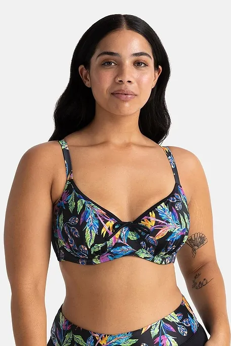 WOMAN BIKINI TOP CURVES WIRED NON PADDED WITH TROPICAL MOTIFS AND TIE BOW - BAYAHIBE