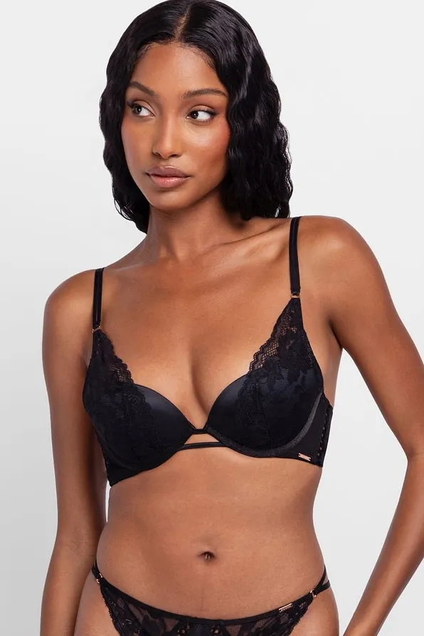 PLUNGE TRIANGLE BRA LIGHT PADDED WIRED WITH FLORAL LACE AND SATIN DETAILS-LYRA-SATIN