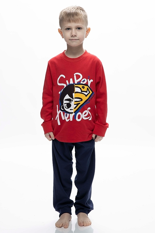 BOY KIDS LONG COTTON PYJAMAS WITH HEROES PRINT AND CUFFED LEG PANTS