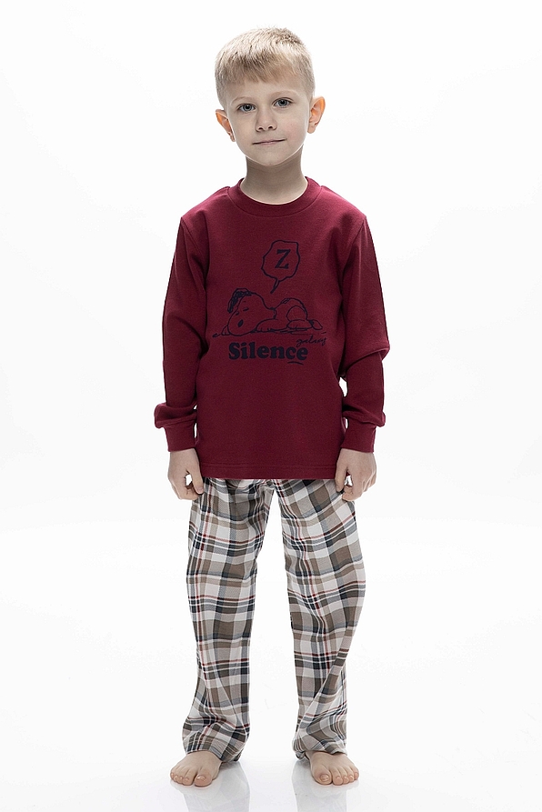BOY KIDS LONG COTTON PYJAMAS WITH SNOOPY PRINT AND OPEN LEG TARTAN PANTS