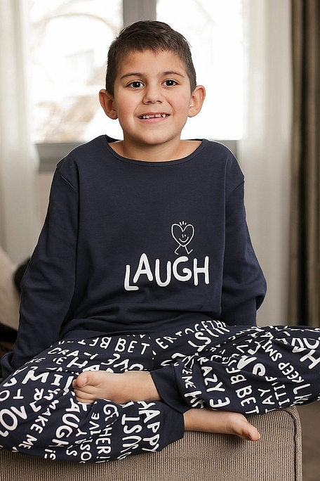 BOY KIDS COTTON PYJAMAS "LAUGH" AND LETTERING PANTS PRINT PATTERN AND ANKLE CUFFED LEGS