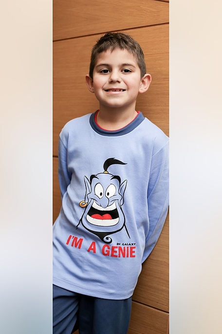 BOY KIDS COTTON PYJAMAS WITH "I AM A GENIE" PRINT PATTERN AND ANKLE CUFFED LEGS