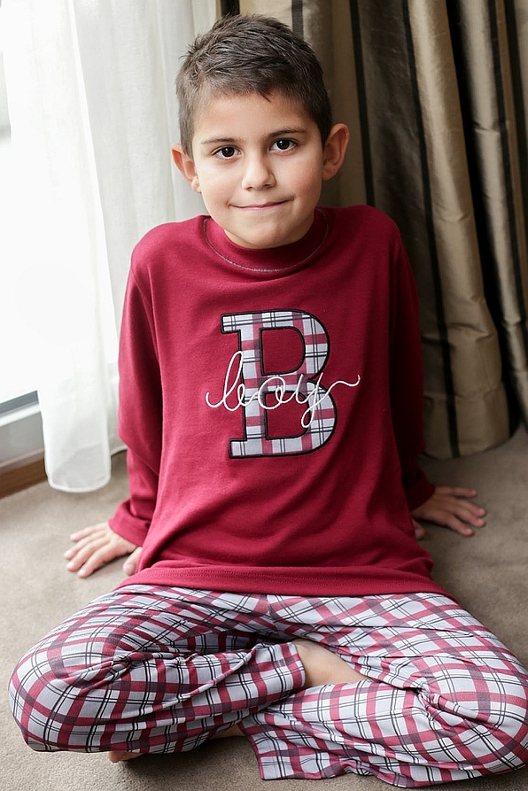 BOY KIDS COTTON PYJAMAS "BOY" EMBROIDERY PATTERN AND TARTAN OPEN LEG PANTS