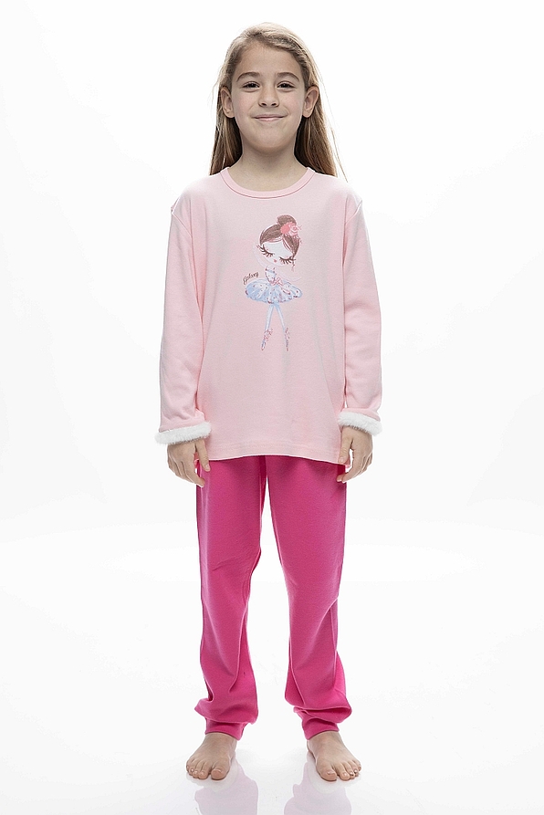 GIRL KIDS LONG COTTON PYJAMAS WITH BALLERINA PRINT FUR TRIMMING ON SLEEVES AND CUFFED LEG PANTS