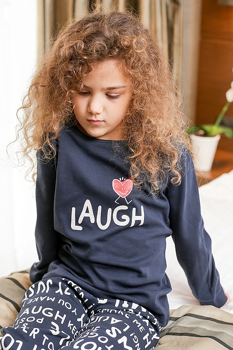 GIRL KIDS COTTON PYJAMAS "LAUGH" AND LETTERING PANTS PRINT PATTERN AND ANKLE CUFFED LEGS