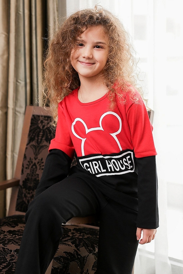 GIRL KIDS COTTON PYJAMAS GIRL HOUSE MOUSE EARS PRINT PATTERN AND OPEN LEGS