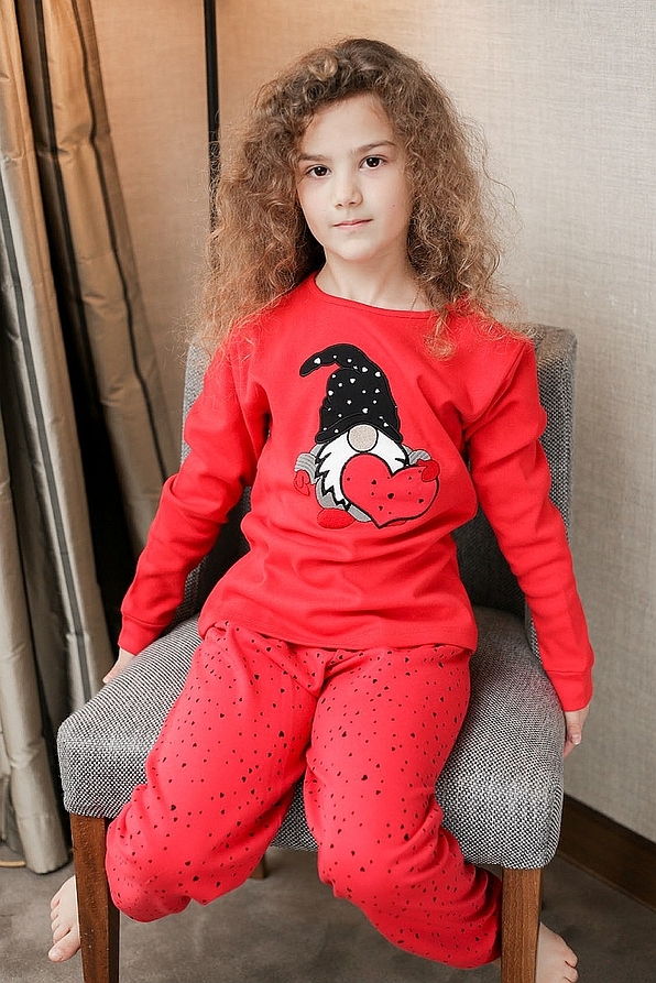 GIRL KIDS COTTON PYJAMS EMBROIDERY DWARF AND DOTS PATTERN ANKLE CUFFED LEGS
