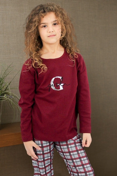 GIRL KIDS COTTON PYJAMAS "GIRL" EMBROIDERY PATTERN AND TARTAN OPEN LEG PANTS