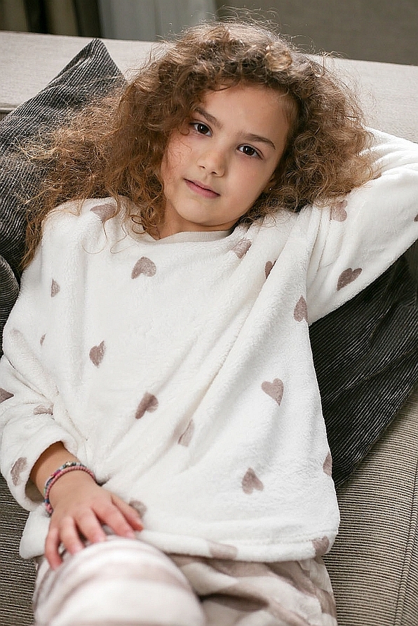 GIRL KIDS FLEECE PYJAMAS WITH HEARTS PATTERN AND STRIPY PANTS OPEN LEG