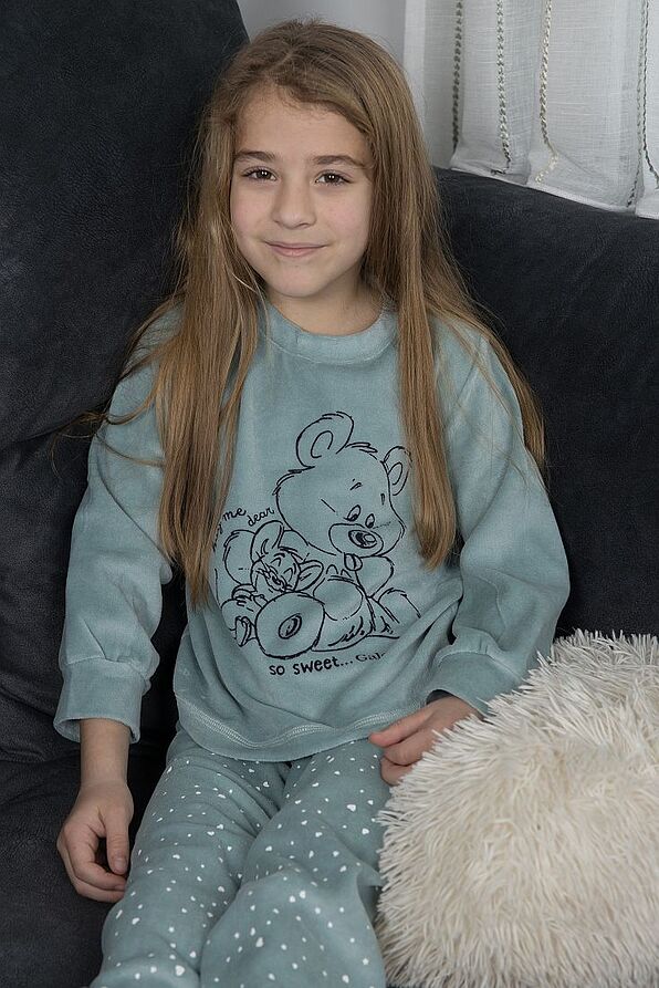 GIRL KIDS LONG VELOUR PYJAMAS WITH BEAR PRINT AND CUFFED LEG PANTS