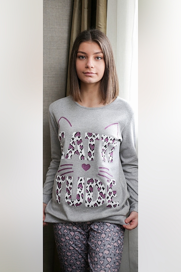 GIRL TEENS COTTON PYJAMAS CAT AND LUREX HEARTS PRINT PATTERN TIGHT LINE AND ANKLE CUFFED LEGS